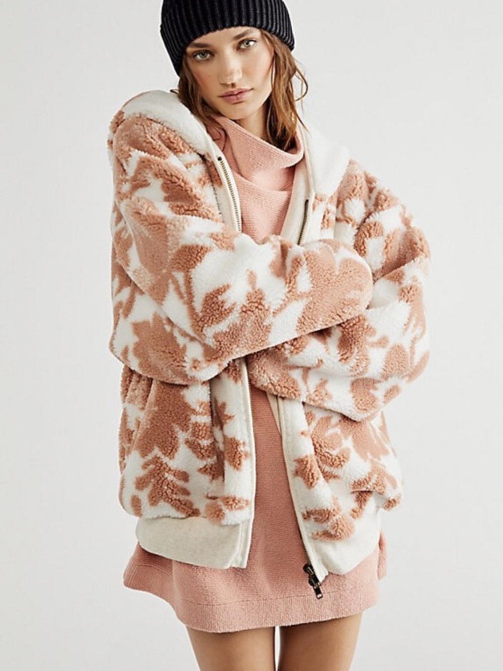Free People Canyon Moon Cardi Coat Faux Fur Hooded Oversize Zip Ivory Tan